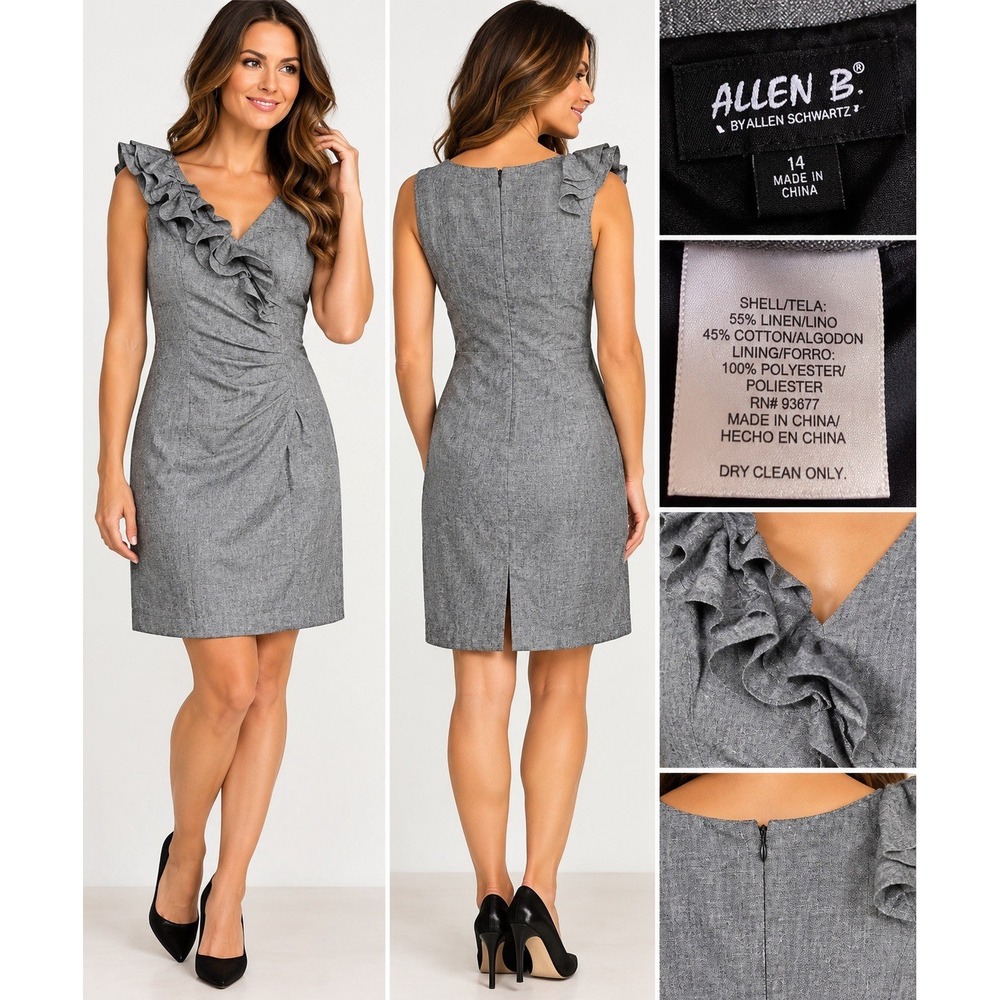 Allen B Allen Schwartz Dress Size 14 Gray Linen Blend Ruffle Sleeveless Sheath